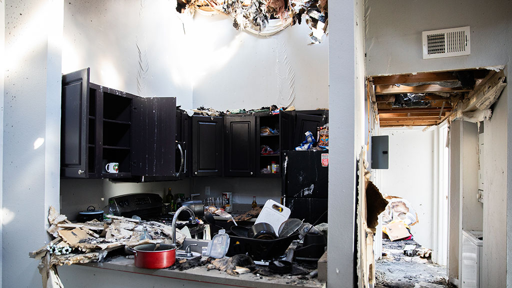 Fire damage in apartment kitchen