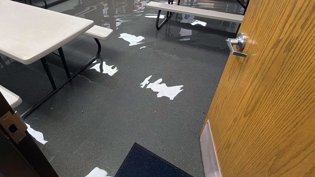 Flooded breakroom in Kansas City building.