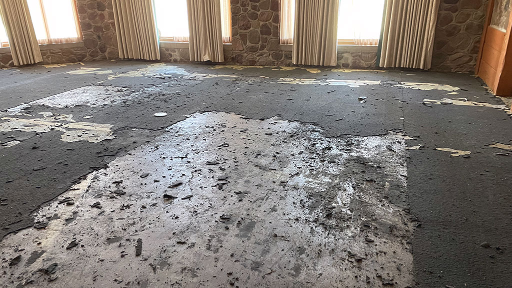 Remnants of damaged flooring in Death Valley resort after flood waters receded.